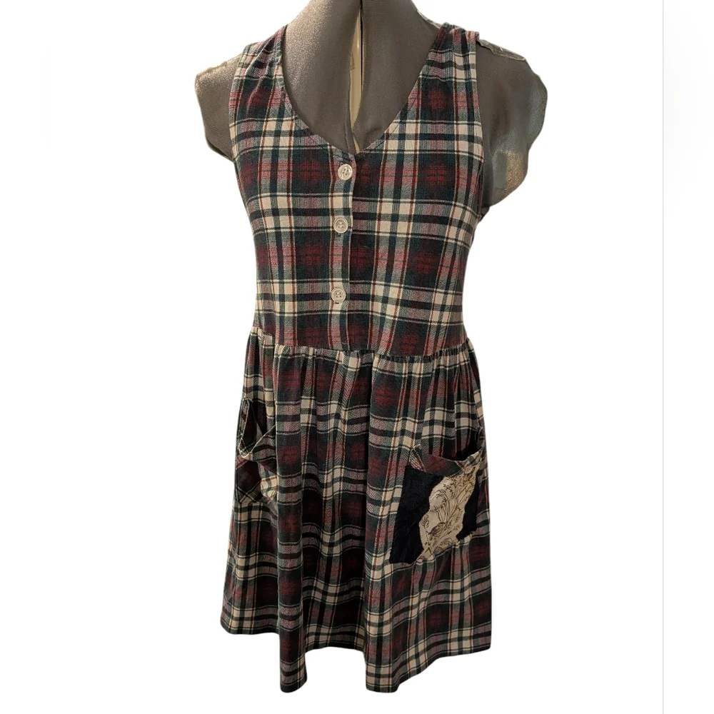 90s Y2K Amy Byer California Multicolor Plaid Cotton Tank Dress Upcycled‎ Pocket